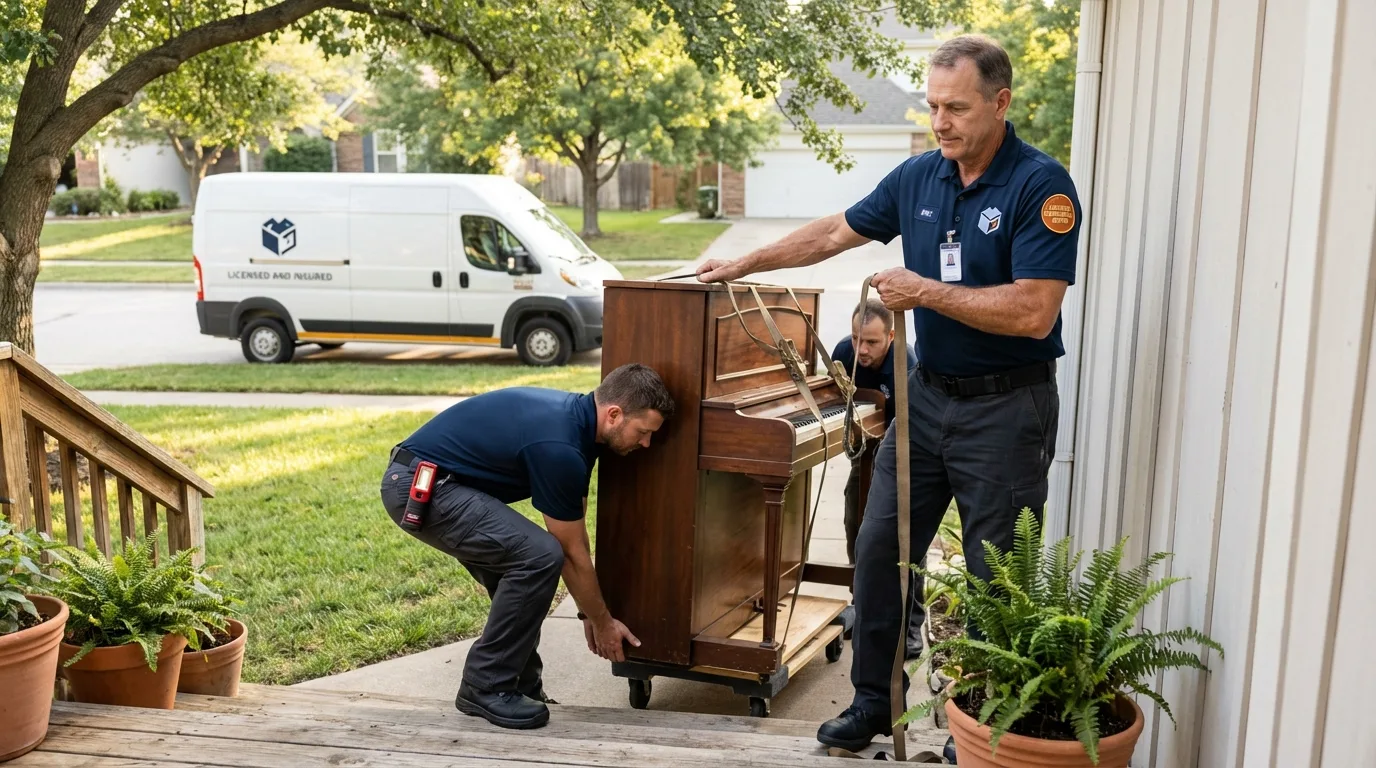 Licensed piano movers securing grand piano in Las Animas, CO