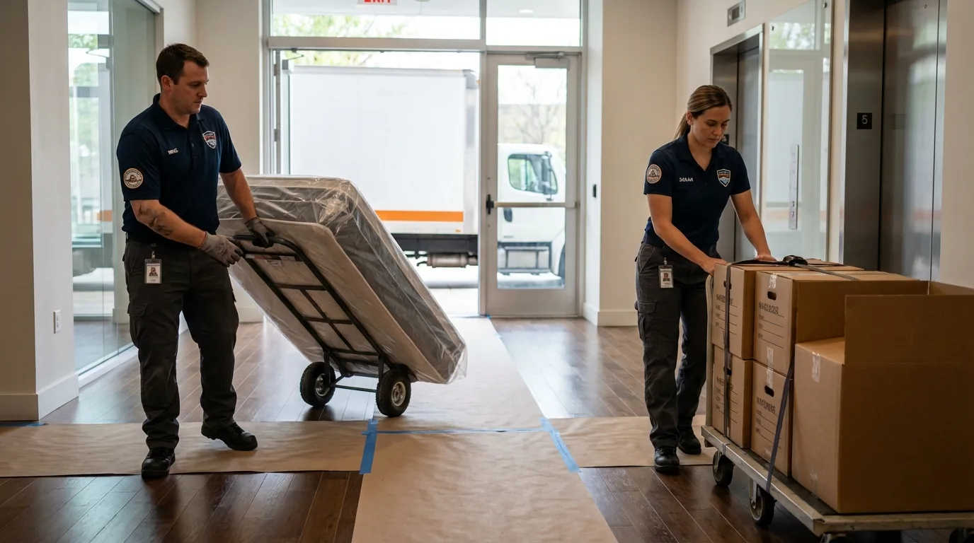 Professional apartment movers loading elevator in Las Animas, CO